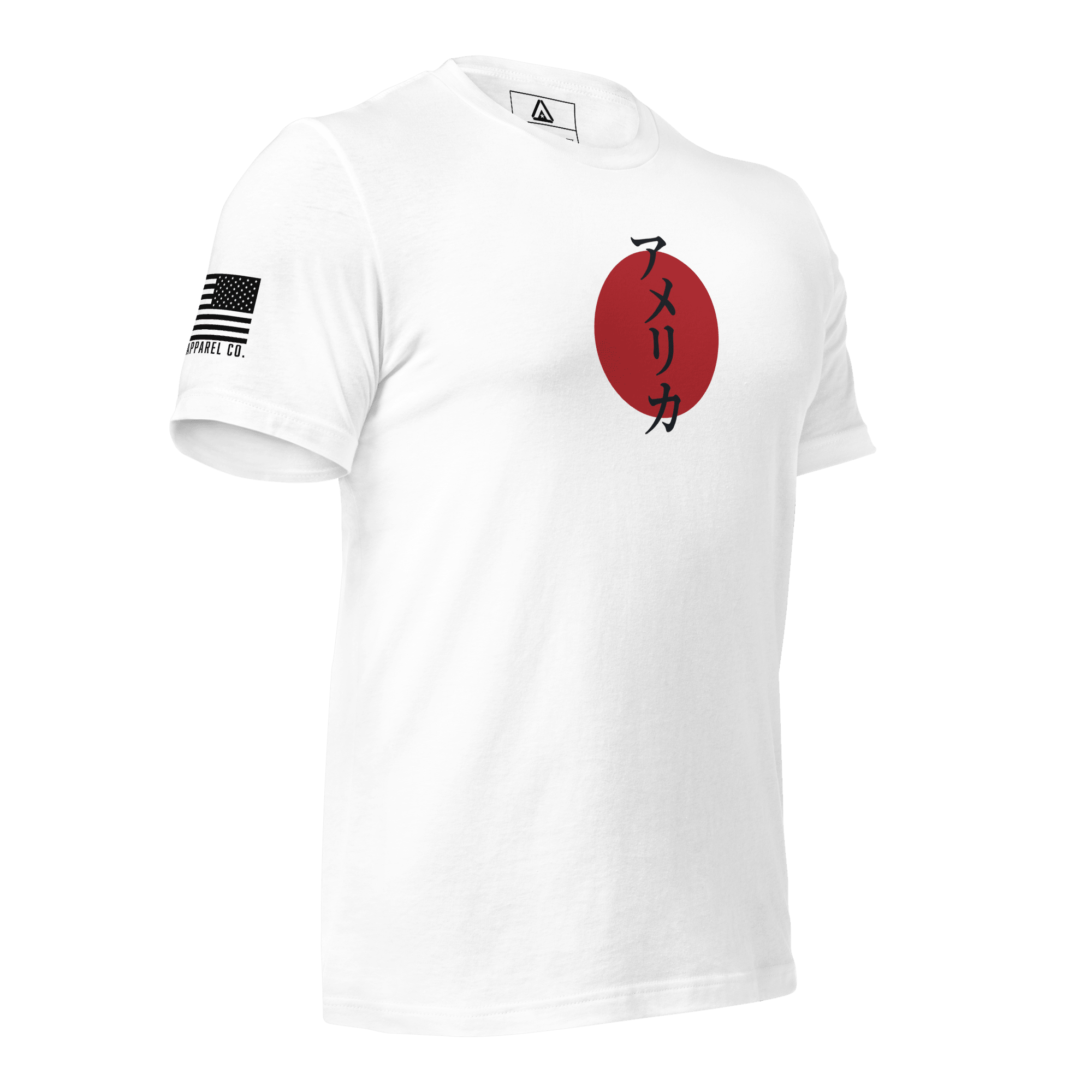 White t-shirt angled left featuring a red circle with Japanese text and a black American flag on the sleeve.