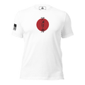 White t-shirt featuring a red circle with black Japanese text and a black American flag on the right sleeve.