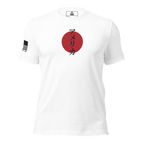 White t-shirt featuring a red circle with black Japanese text and a black American flag on the right sleeve.