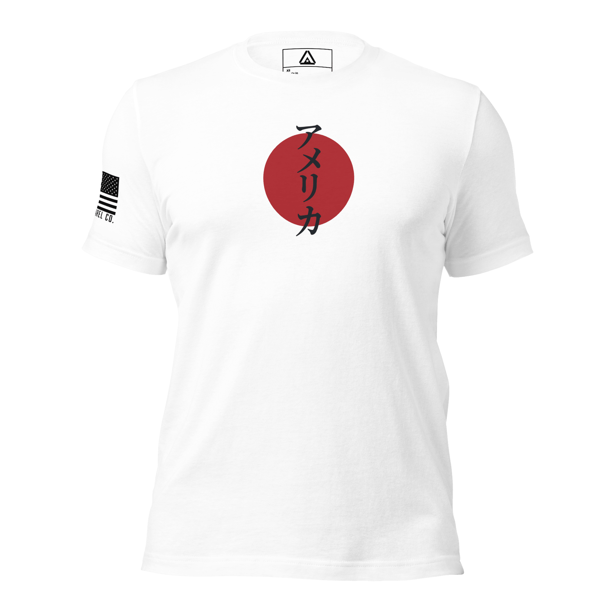 White t-shirt featuring a red circle with black Japanese text and a black American flag on the right sleeve.