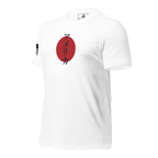 White t-shirt angled right featuring a red circle with Japanese text and a black American flag on the sleeve.