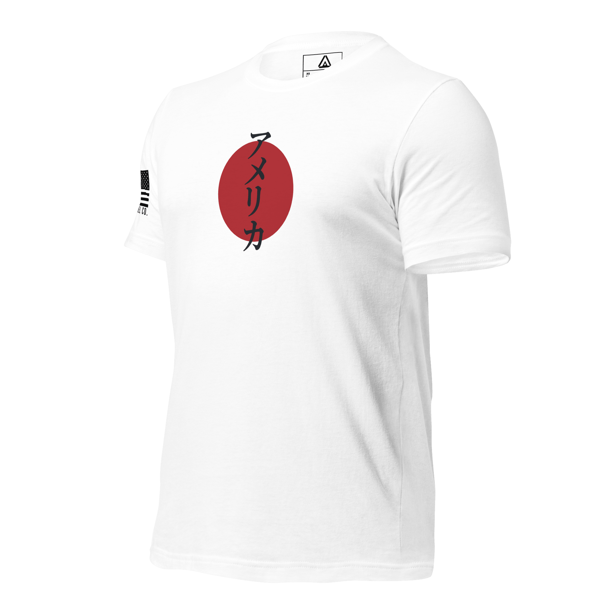White t-shirt angled right featuring a red circle with Japanese text and a black American flag on the sleeve.