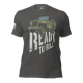 Asphalt t-shirt from a flat front view, with a Willys Jeep and white American flag on the right sleeve.