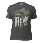 Asphalt t-shirt from a flat front view, with a Willys Jeep and white American flag on the right sleeve.