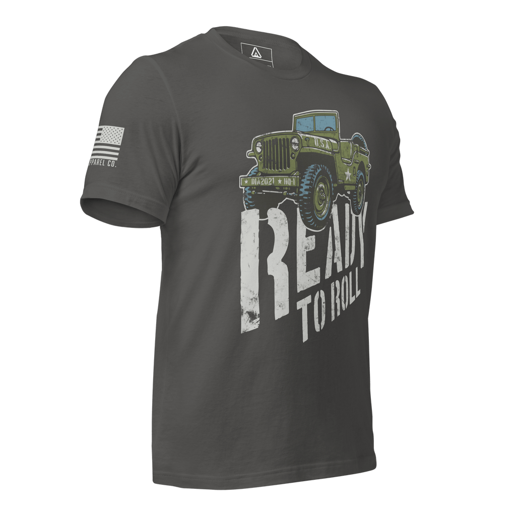 Asphalt t-shirt from a three-quarter view angled left, with a Willys Jeep and white American flag on the right sleeve.