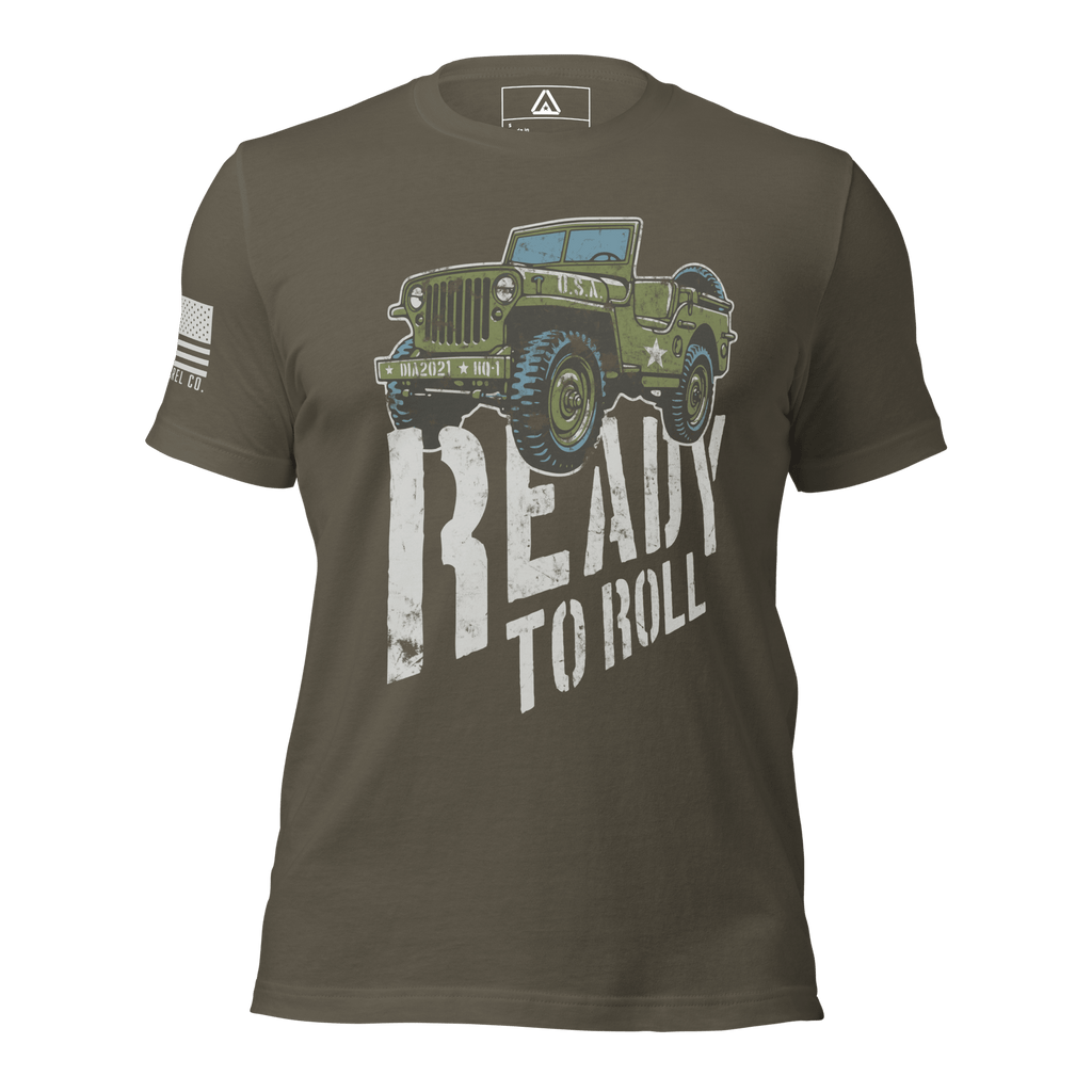 Military green t-shirt from a flat front view, with a Willys Jeep and white American flag on the right sleeve.