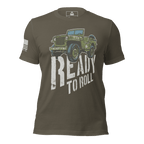 Military green t-shirt from a flat front view, with a Willys Jeep and white American flag on the right sleeve.