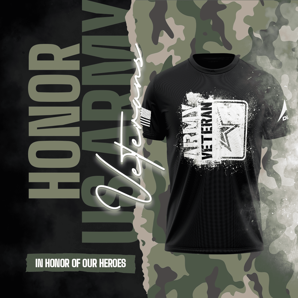 Black t-shirt featuring a white "ARMY VETERAN" graphic, set against a camo background with "HONOR" text.