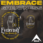 Promotional graphic featuring a brown t-shirt with a standing bear design and the bold text "EMBRACE GREATNESS".