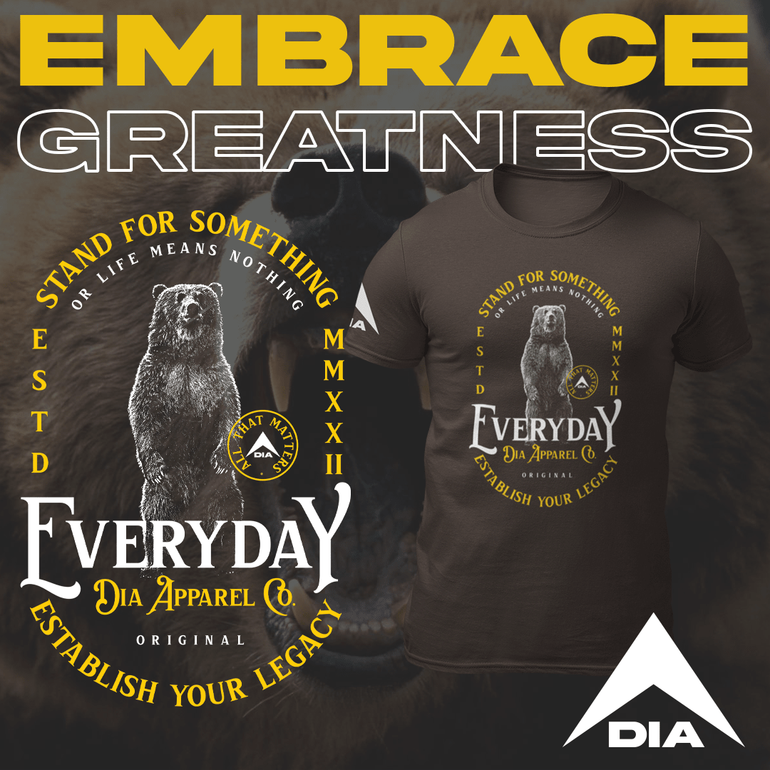 Promotional graphic featuring a brown t-shirt with a standing bear design and the bold text "EMBRACE GREATNESS".