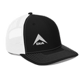 Black trucker hat with white mesh, featuring embroidered white DIA logo, shown from a three-quarter angle.