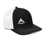 Black trucker hat with white mesh, featuring embroidered white DIA logo, shown from a three-quarter angle.