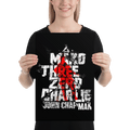 A smiling woman in a black shirt holds a poster with distressed "Mako Three Zero Charlie" text and a red graphic.