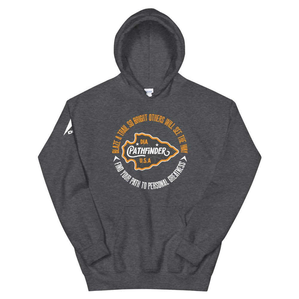 Dark Heather grey Pathfinder hoodie, front view, with a central arrowhead graphic and text in a circular design.