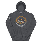 Dark Heather grey Pathfinder hoodie, front view, with a central arrowhead graphic and text in a circular design.