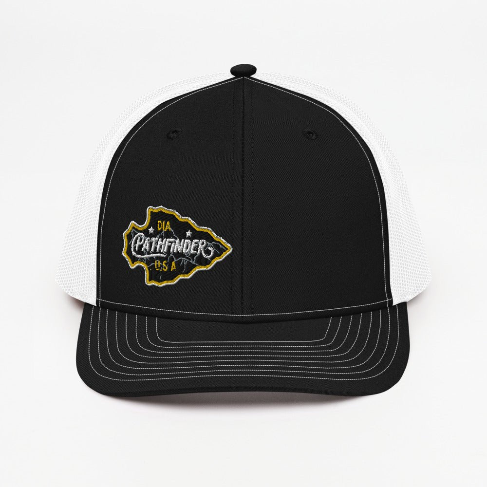 Black Pathfinder trucker cap with a white mesh back and an arrowhead patch on the front left.