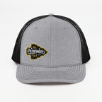 Grey Pathfinder trucker cap, front view, with a black mesh back and arrowhead patch on the front left.