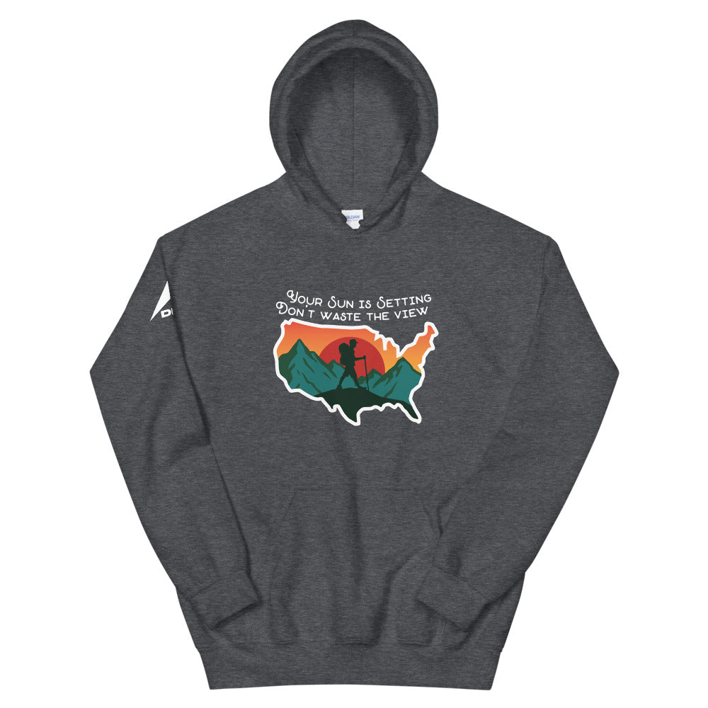 DIA Pathfinder Don't Waste the View Hoodie | Dark Heather Gray | Men & Women | Go After Greatness Before the Sun Sets