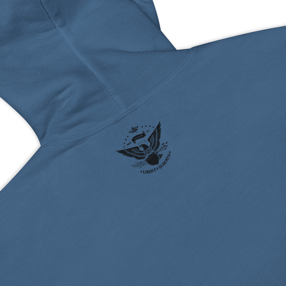 DIA Doomsday Debt Hoodie | Indigo Blue | Men & Women | The U.S. Government Owns Us Through the National Debt | Time to Demand Better | Back Detail
